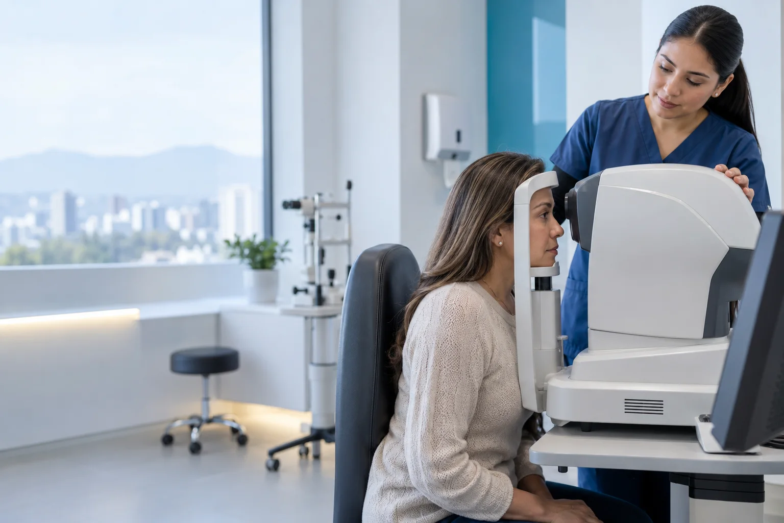 Paciente durante una evaluación ocular acompañada por una técnica